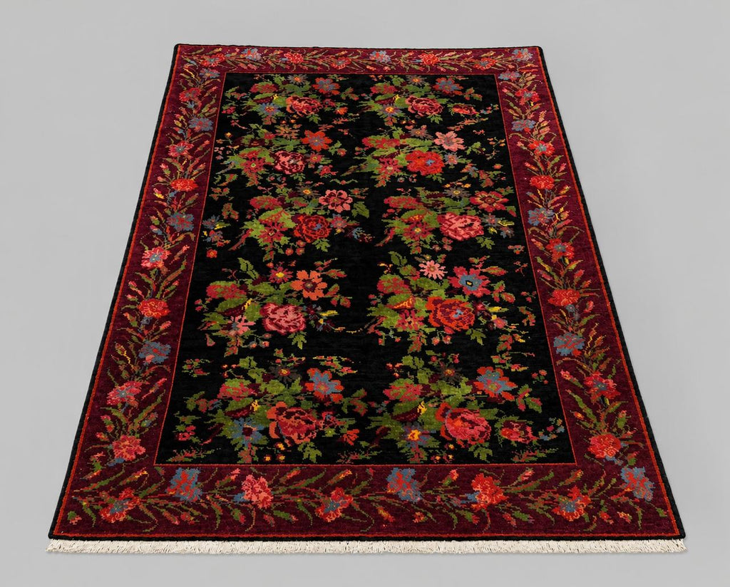 Bessarabian Floral Wool Rug – Black Ground, 208 × 136 cm