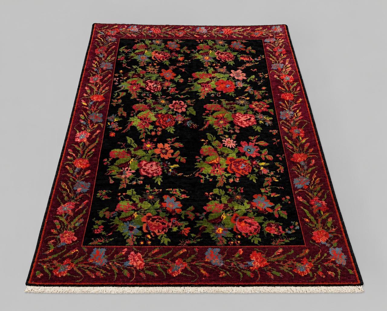 Bessarabian Floral Wool Rug – Black Ground, 208 × 136 cm