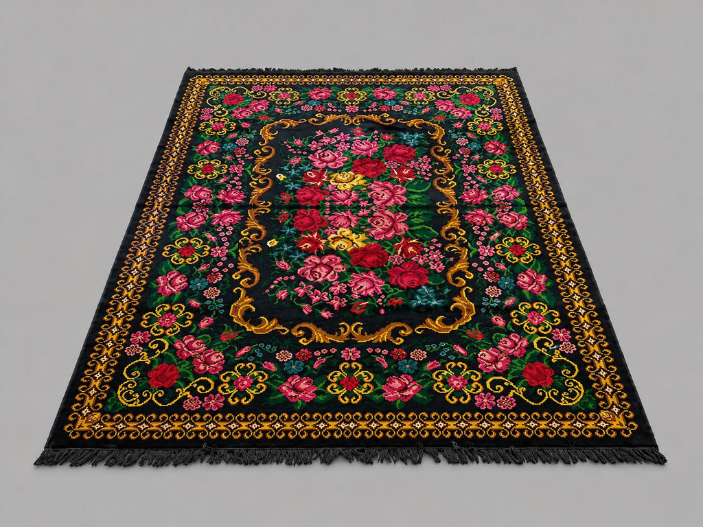 Floral Rose Rug on Black Ground | Handwoven Heritage Carpet - 344 x 328 cm