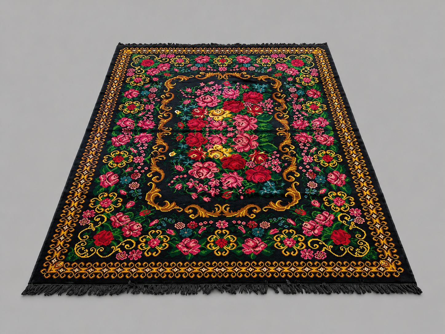 Floral Rose Rug on Black Ground | Handwoven Heritage Carpet - 344 x 328 cm