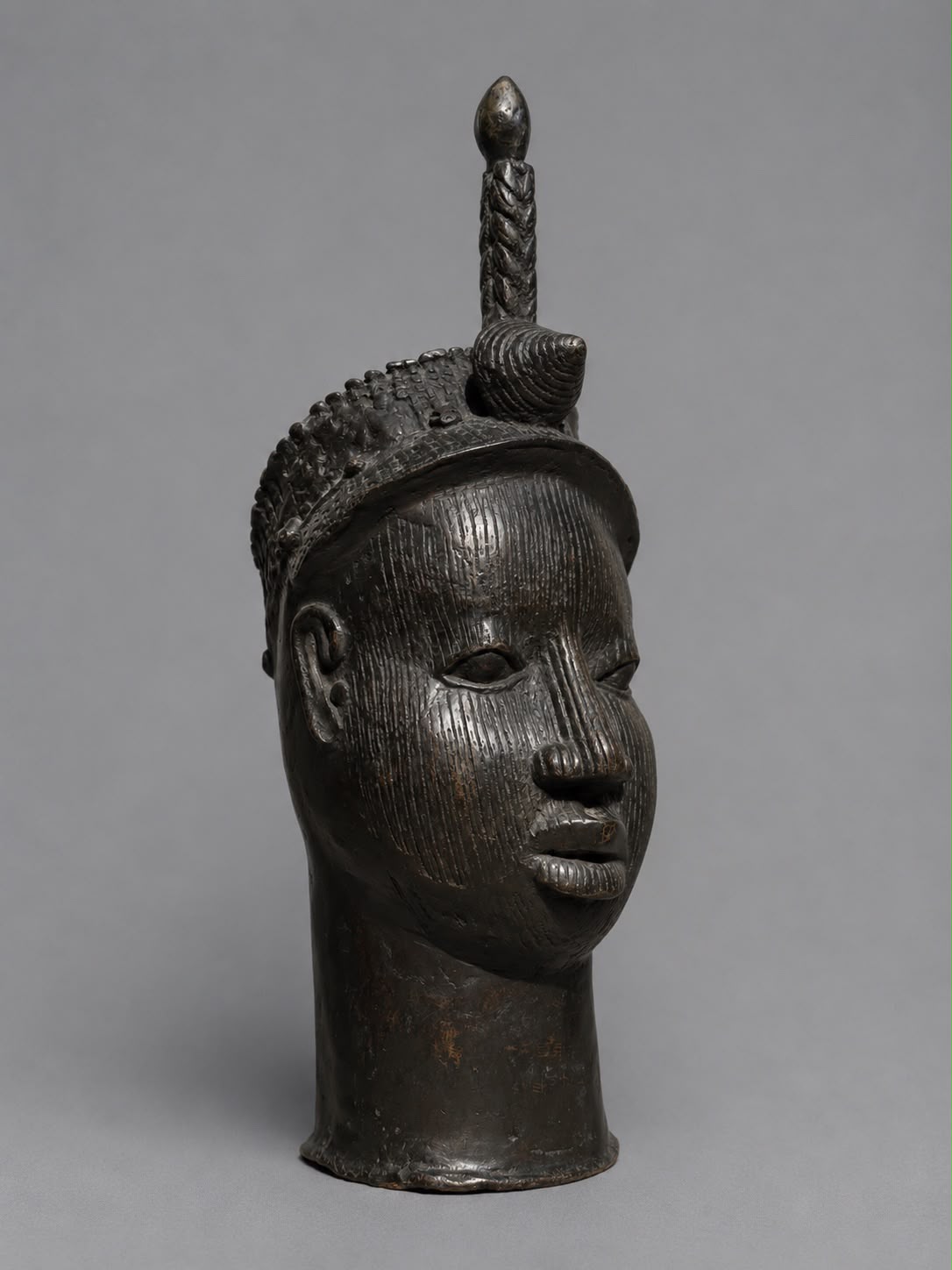 Large African Yoruba Style Bronze Head Vessel with Dark Patina - 60cm