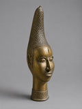 Vintage African Yoruba Style Brass Head Vessel with Braided Headdress - 37 cm