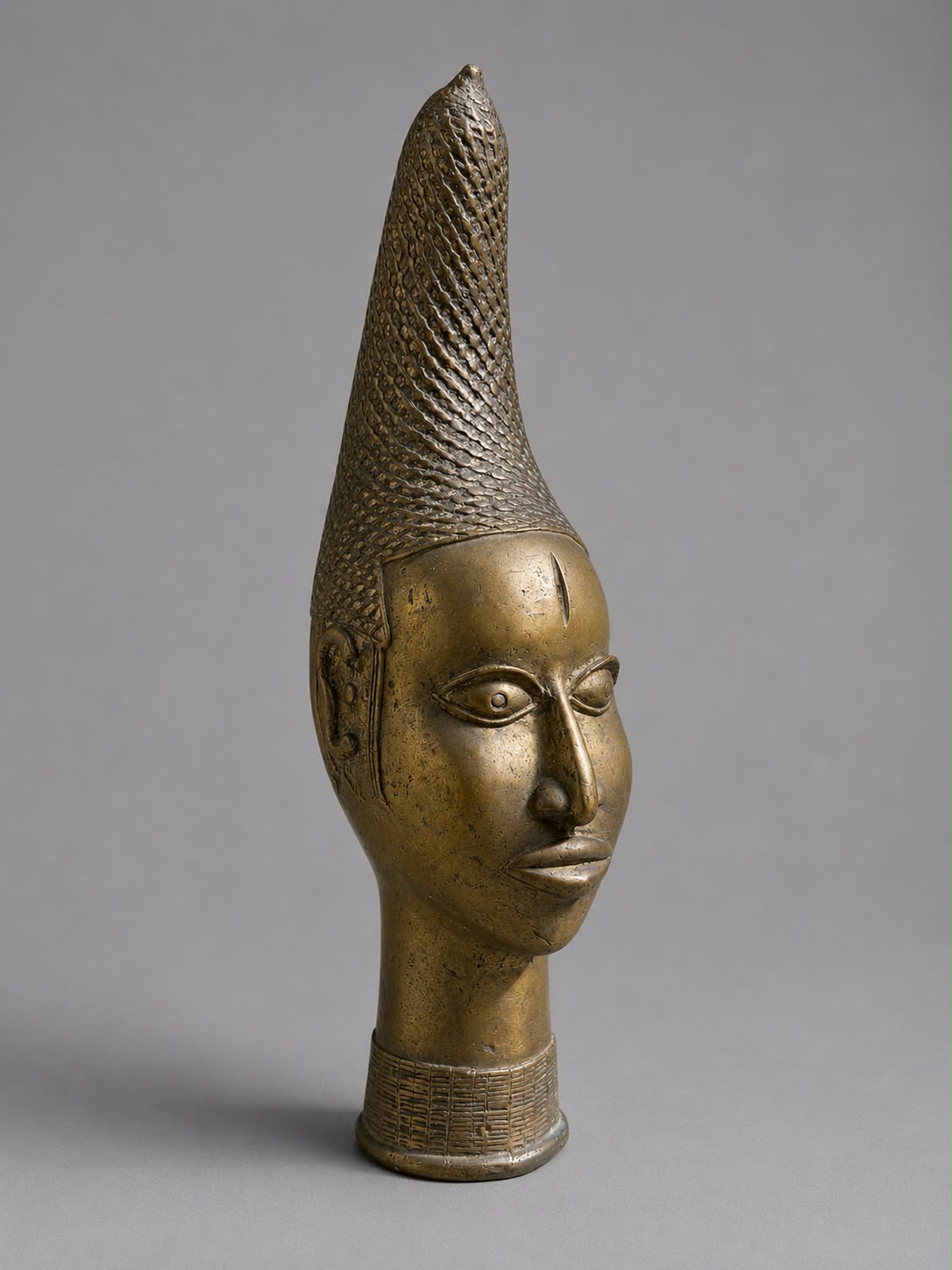 Vintage African Yoruba Style Brass Head Vessel with Braided Headdress - 37 cm