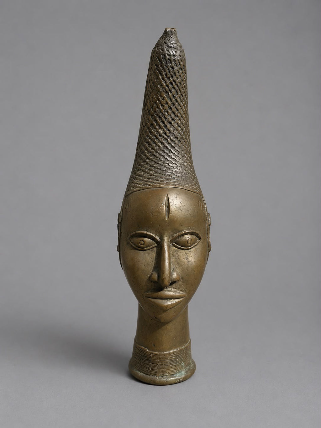 Vintage African Yoruba Style Brass Head Vessel with Braided Headdress - 37 cm