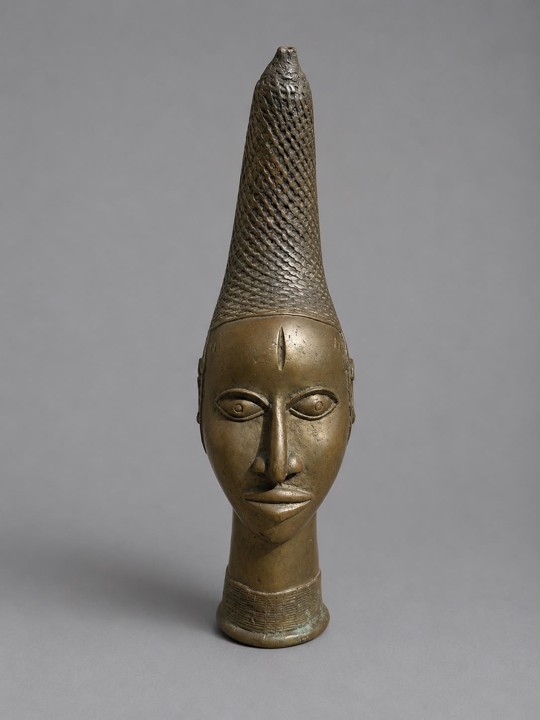 Vintage African Yoruba Style Brass Head Vessel with Braided Headdress - 37 cm