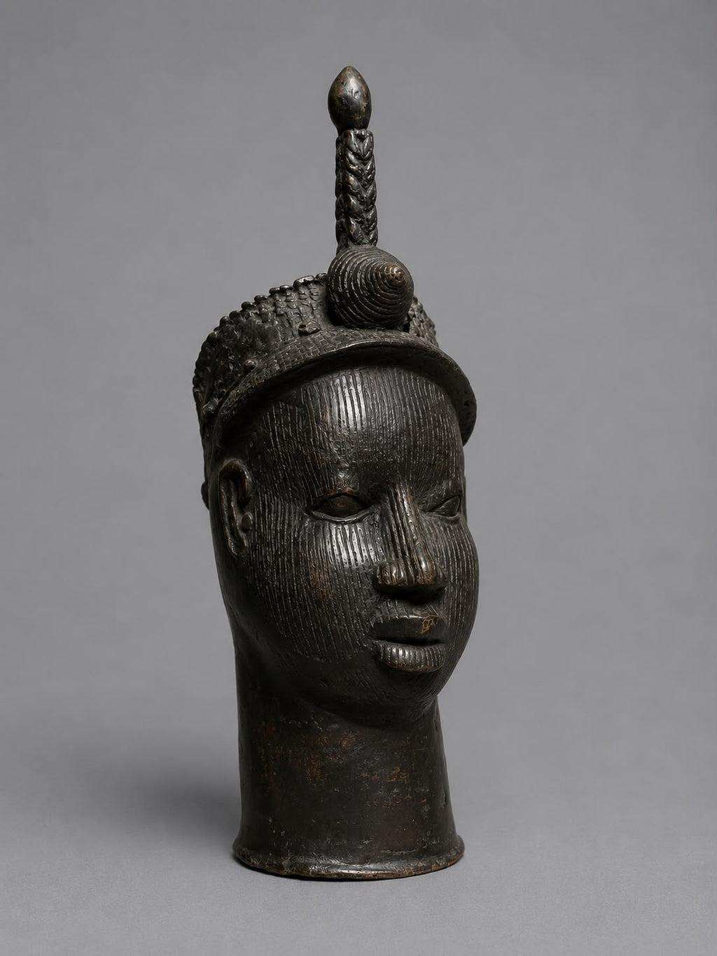 Large African Yoruba Style Bronze Head Vessel with Dark Patina - 60cm