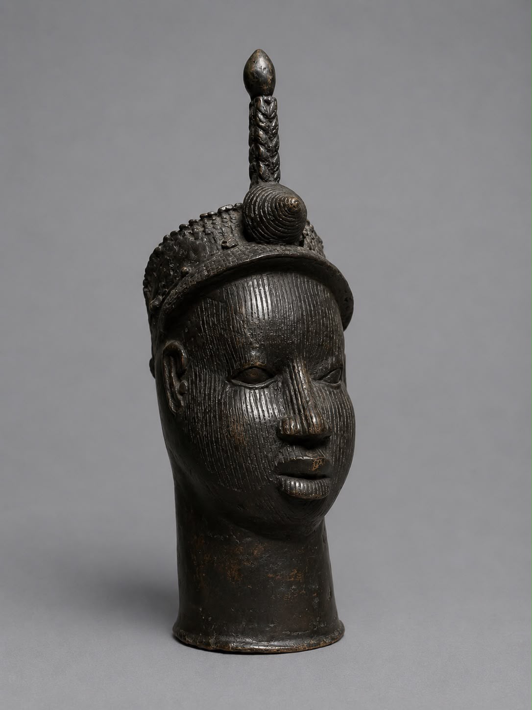 Large African Yoruba Style Bronze Head Vessel with Dark Patina - 60cm