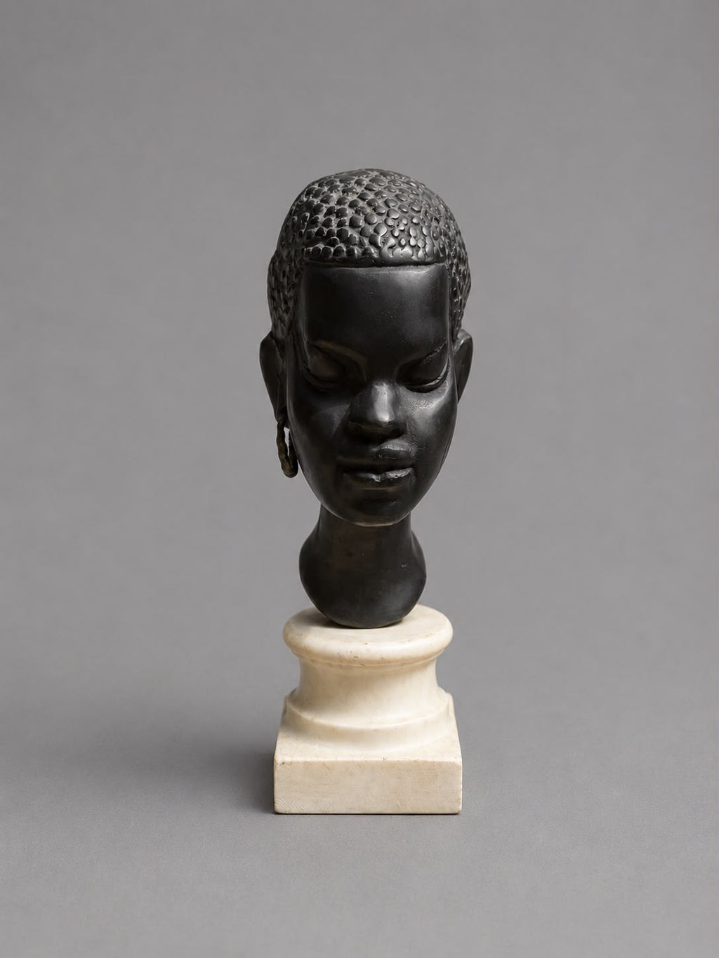 Vintage African Female Bust Sculpture in Black Stone on Marble Pedestal