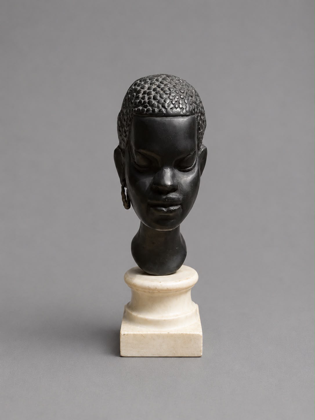 Vintage African Female Bust Sculpture in Black Stone on Marble Pedestal