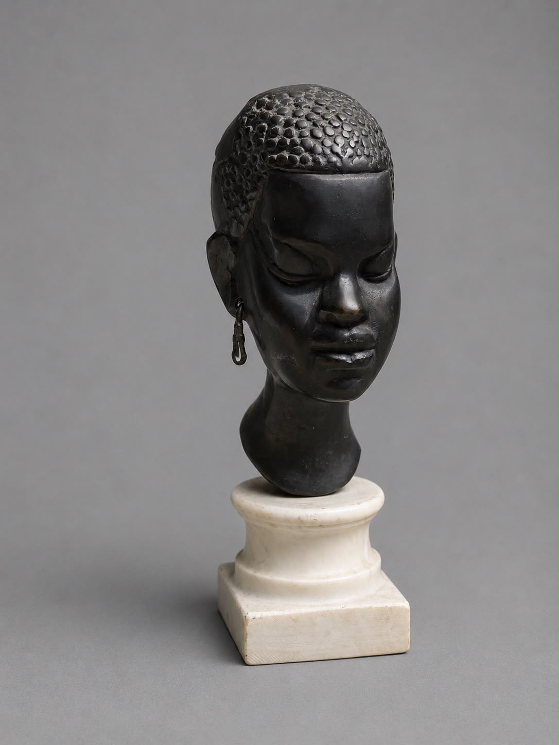 Vintage African Female Bust Sculpture in Black Stone on Marble Pedestal