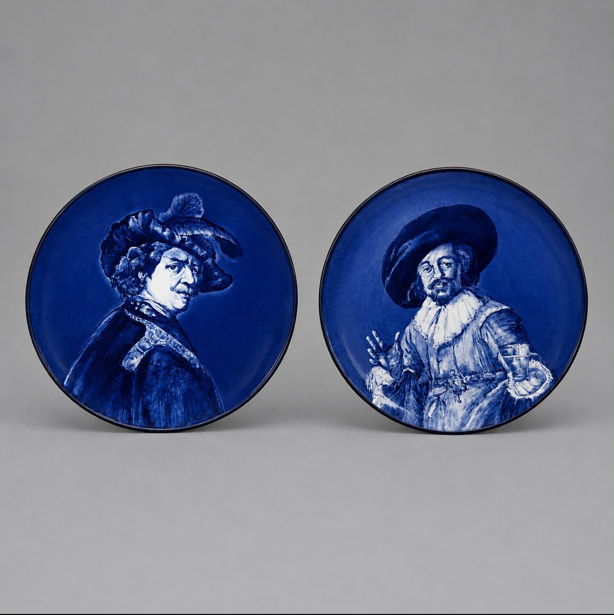 Vintage Hand-Painted Delft Blue Portrait Plate Set - Rembrandt & Frans Hals - Dutch Wall Decor | Set of 2 - 17cm