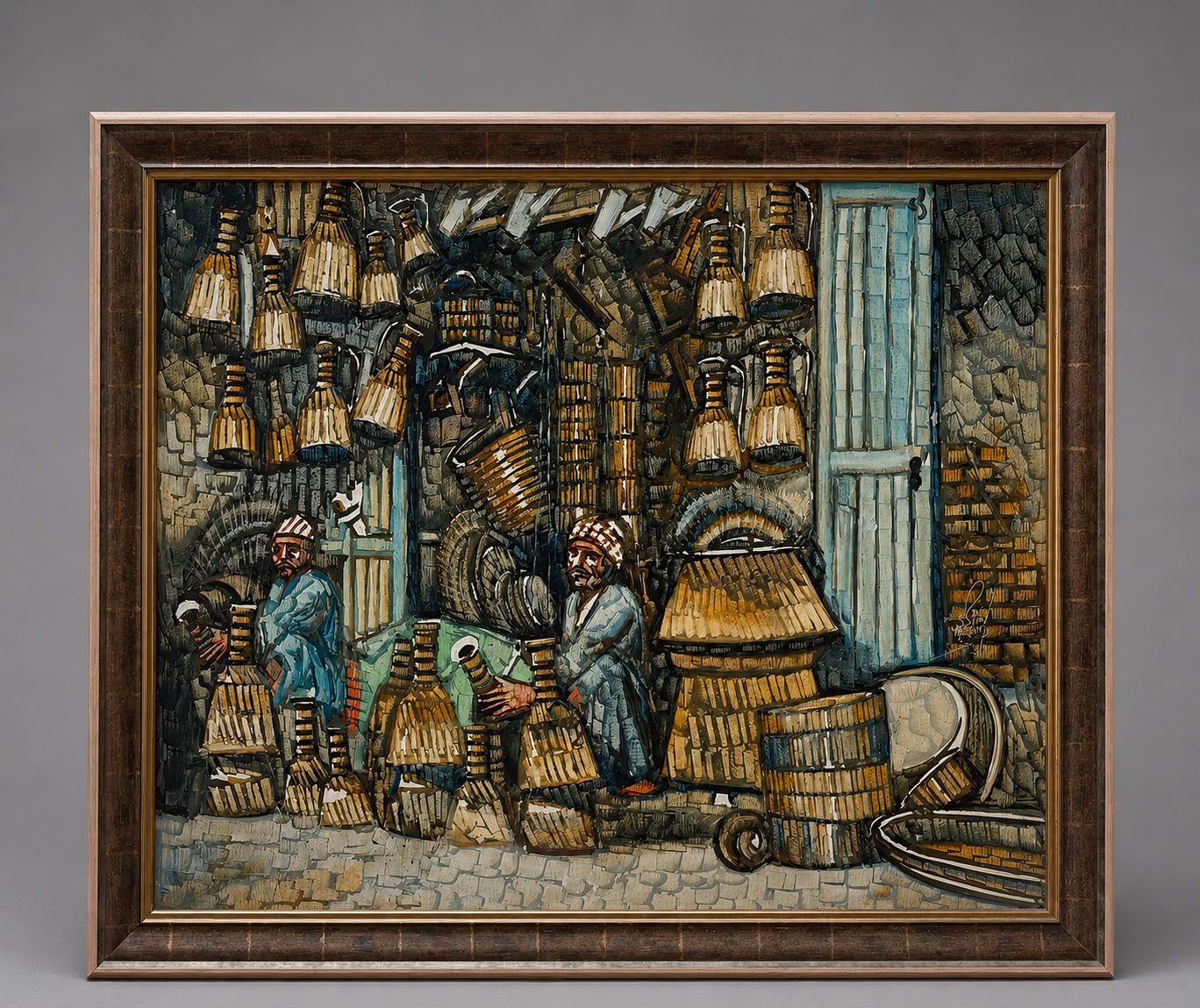 Signed Textured Middle Eastern Souk Scene Mixed Media Painting
