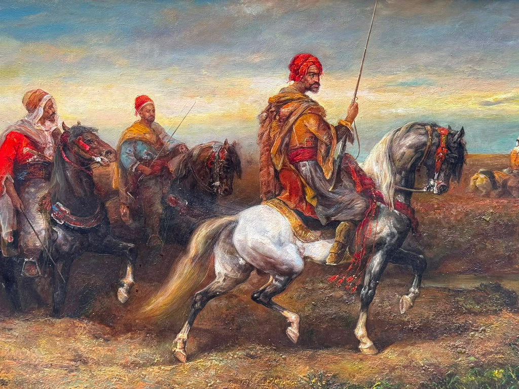 Signed Oil Painting by Ali Rahman | Oil on Canvas | Arab Horsemen Scene | Attributed to the Style of Adolf Schreyer