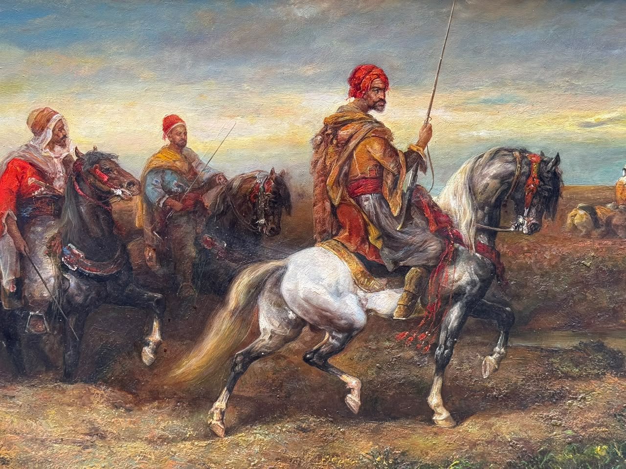 Signed Oil Painting by Ali Rahman | Oil on Canvas | Arab Horsemen Scene | Attributed to the Style of Adolf Schreyer