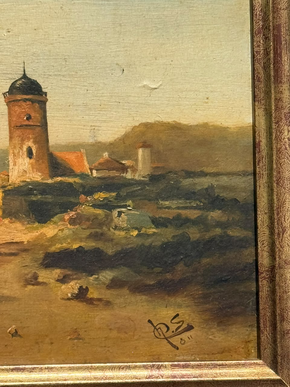 Vintage Signed Coastal Harbor Oil Painting with Ornate Frame