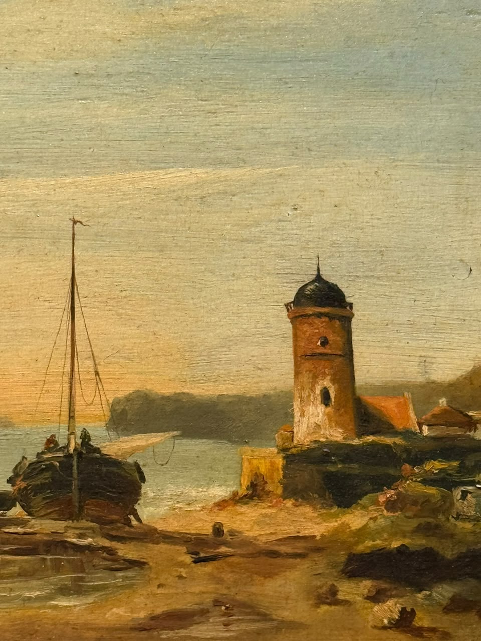 Vintage Signed Coastal Harbor Oil Painting with Ornate Frame