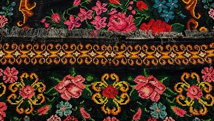 Floral Rose Rug on Black Ground | Handwoven Heritage Carpet - 344 x 328 cm