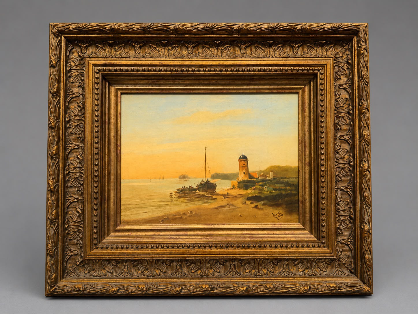 Vintage Signed Coastal Harbor Oil Painting with Ornate Frame