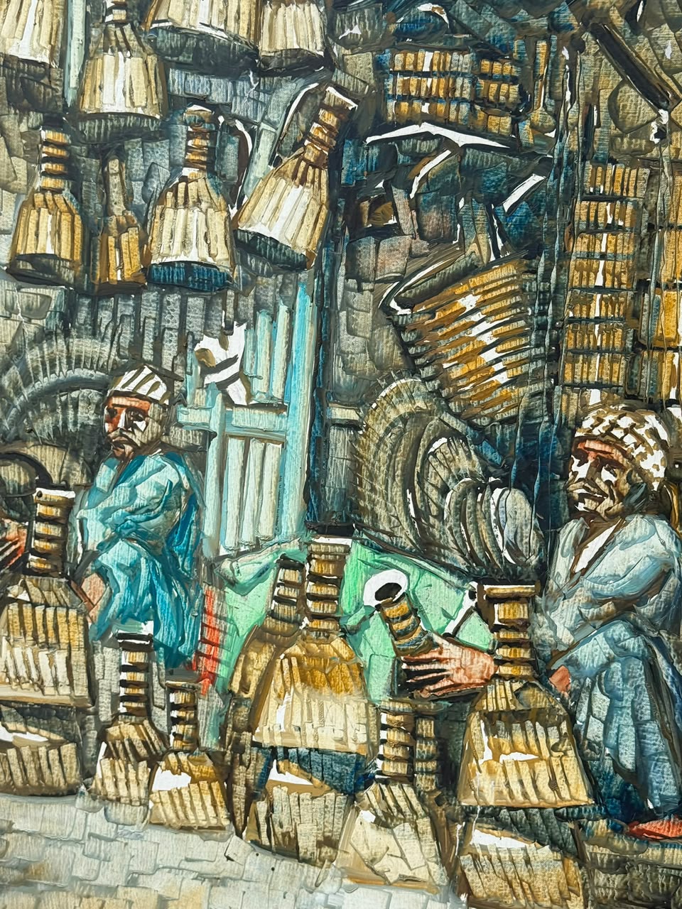 Signed Textured Middle Eastern Souk Scene Mixed Media Painting
