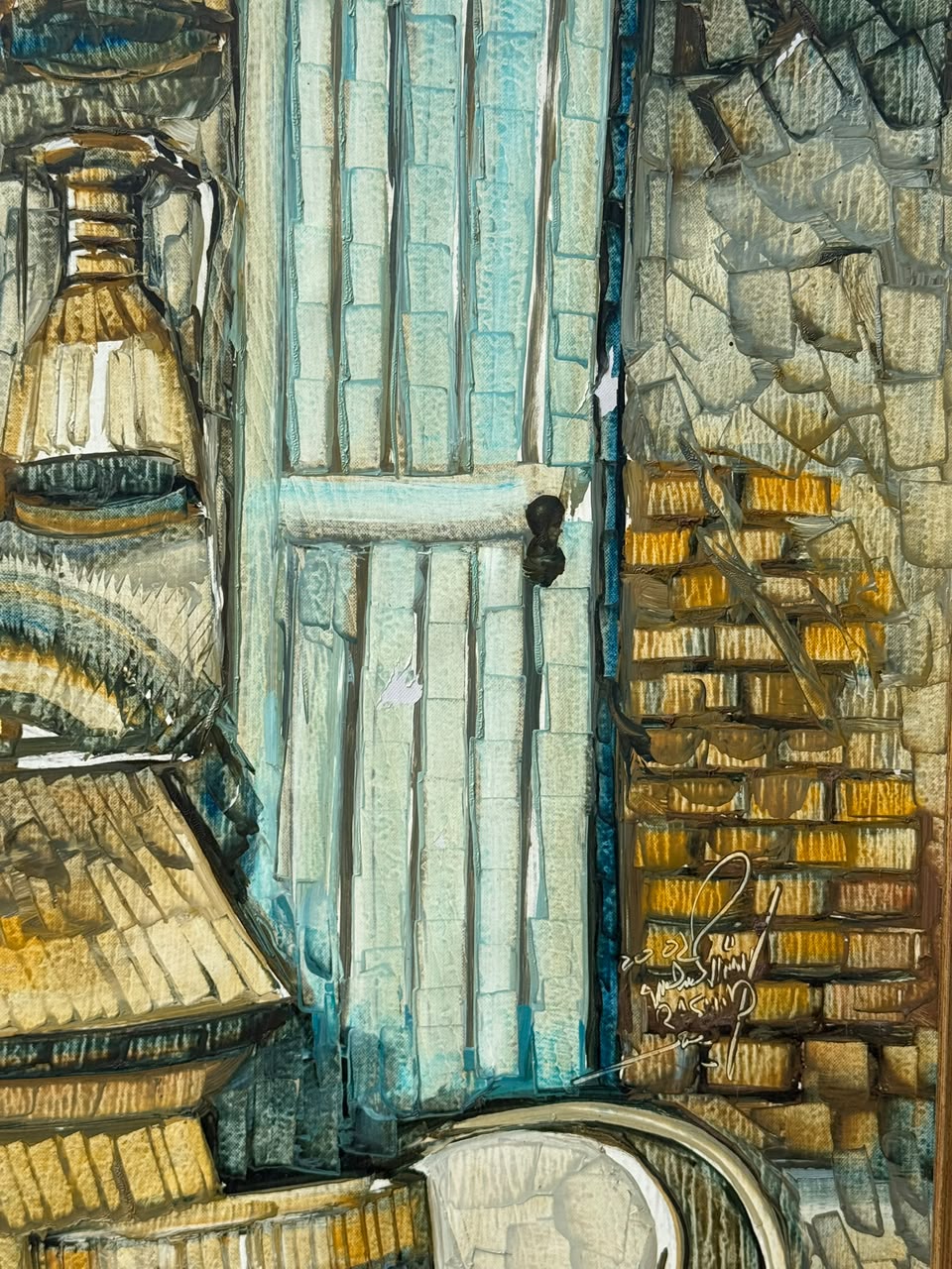 Signed Textured Middle Eastern Souk Scene Mixed Media Painting