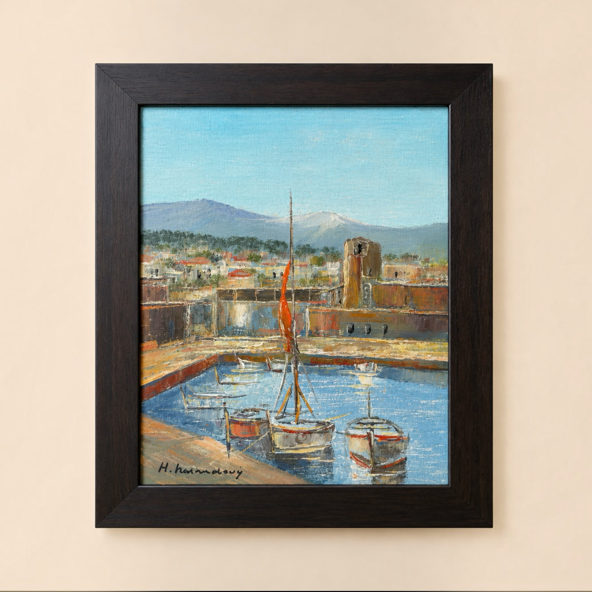 Lebanese Coastal Harbor Painting by Haidar Hamaoui  - 48cm x 37cm