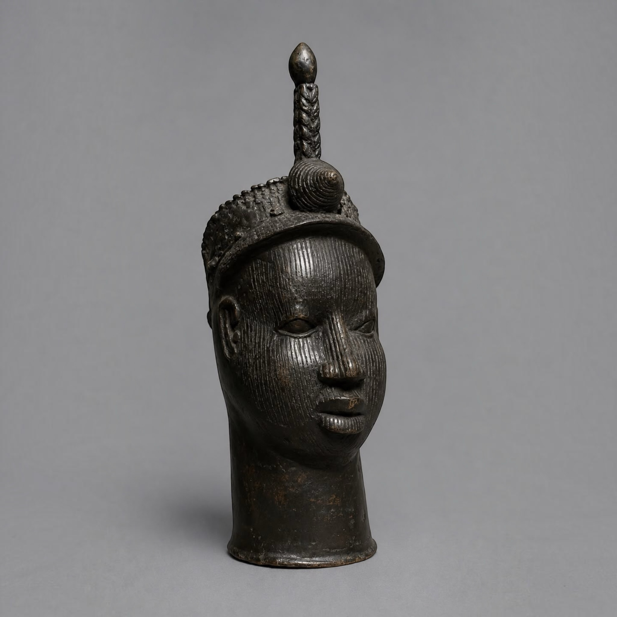 Large African Yoruba Style Bronze Head Vessel with Dark Patina - 60cm