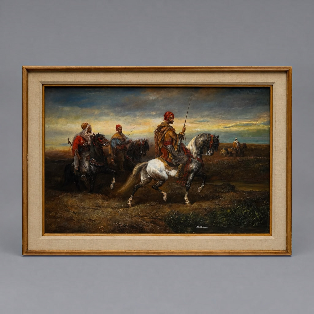 Signed Oil Painting by Ali Rahman | Oil on Canvas | Arab Horsemen Scene | Attributed to the Style of Adolf Schreyer