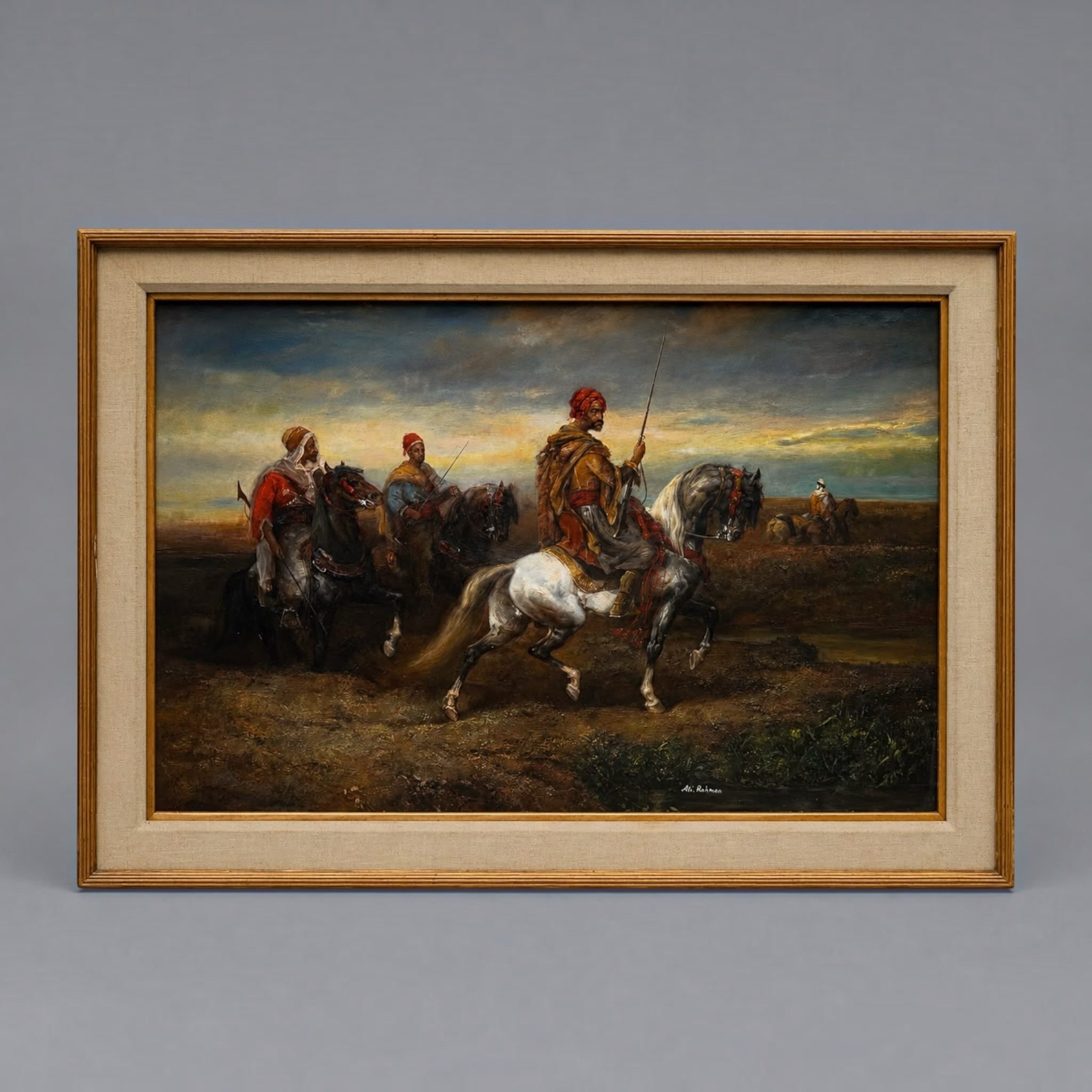 Signed Oil Painting by Ali Rahman | Oil on Canvas | Arab Horsemen Scene | Attributed to the Style of Adolf Schreyer