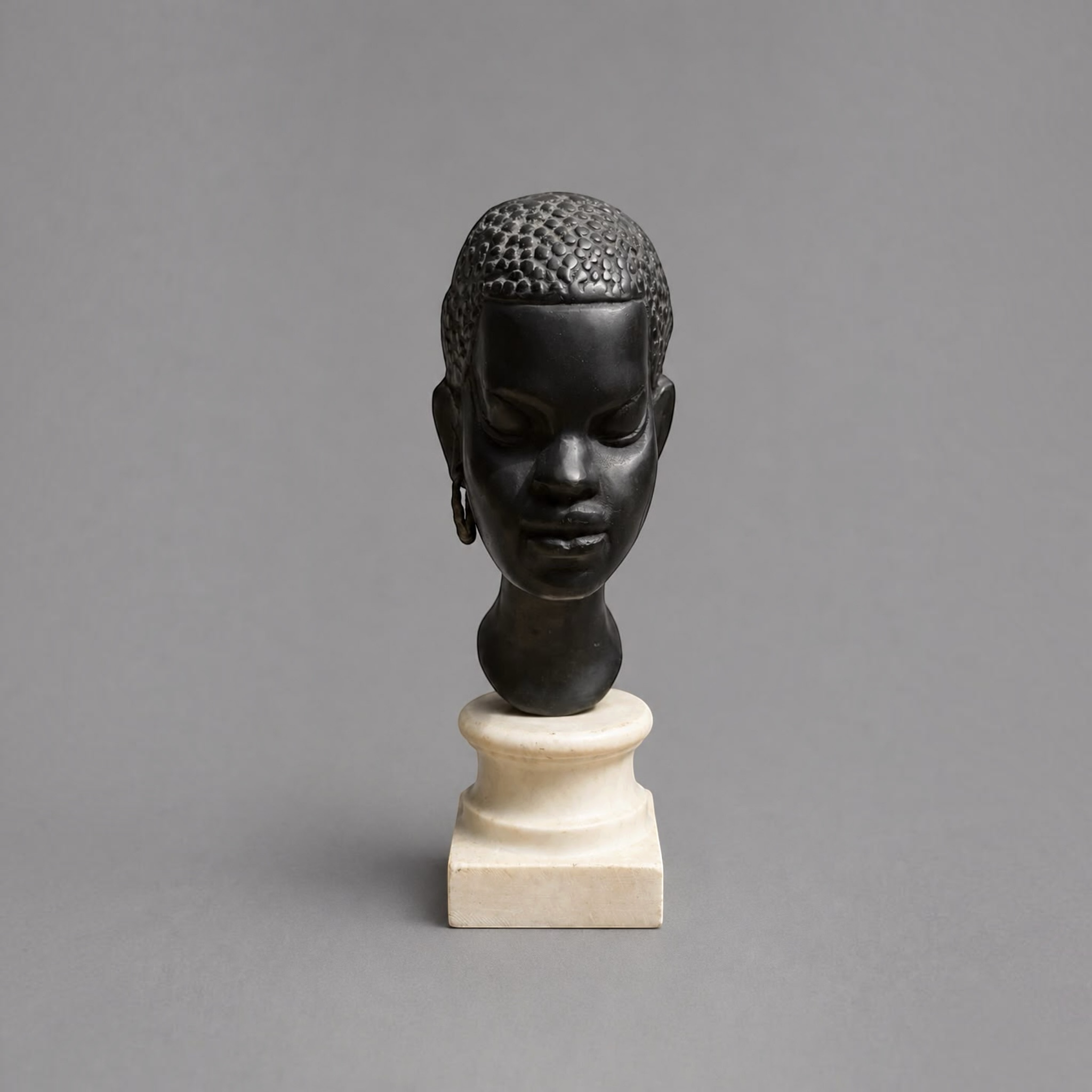 Vintage African Female Bust Sculpture in Black Stone on Marble Pedestal