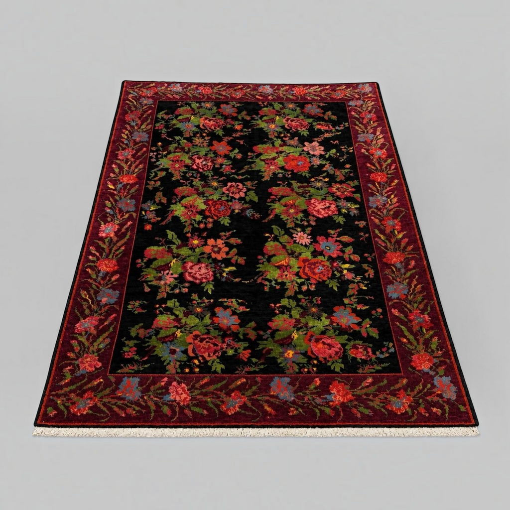 Bessarabian Floral Wool Rug – Black Ground, 208 × 136 cm