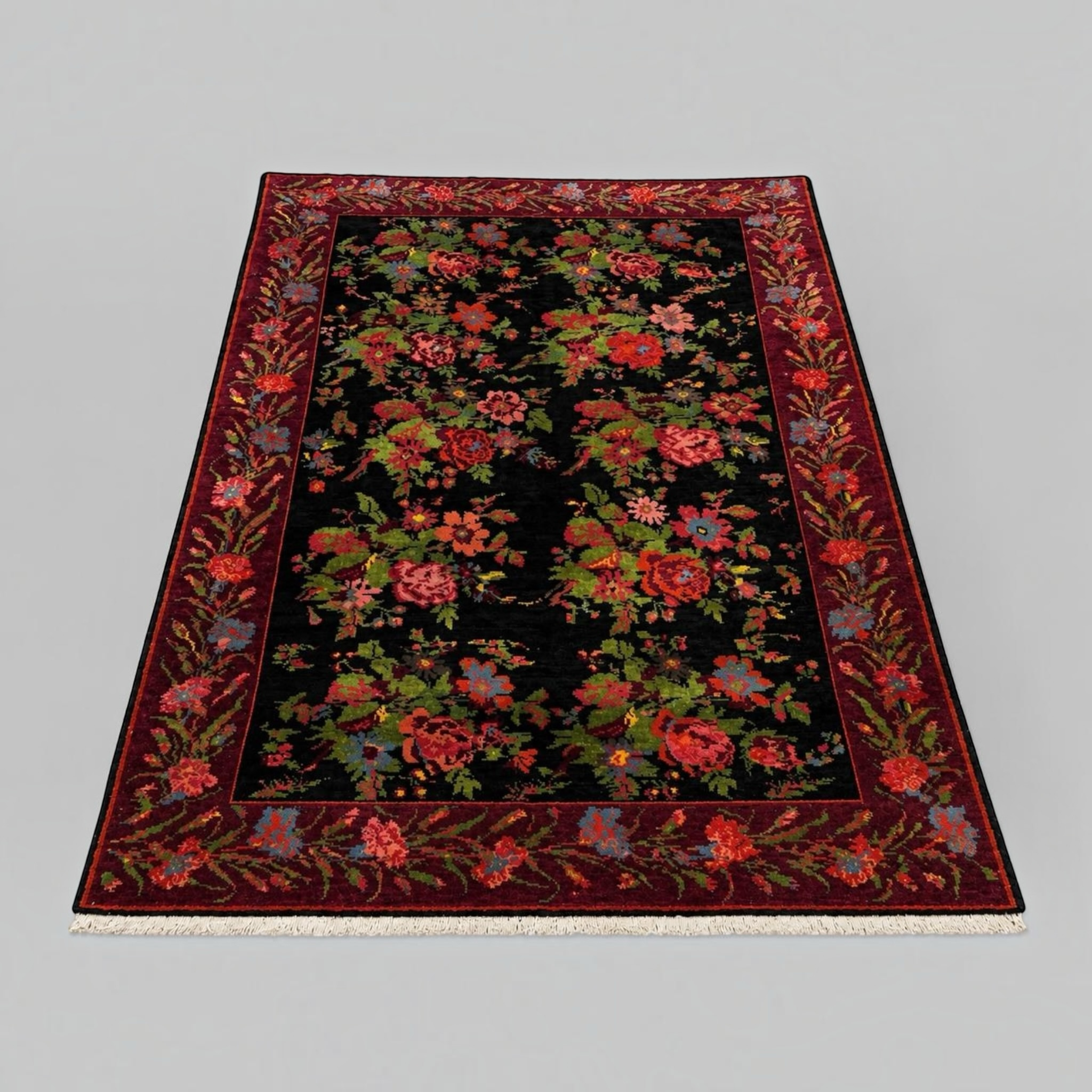 Bessarabian Floral Wool Rug – Black Ground, 208 × 136 cm