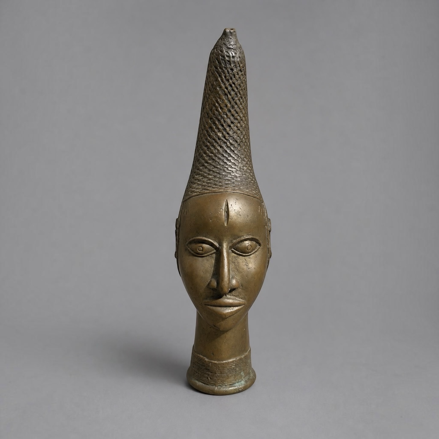Vintage African Yoruba Style Brass Head Vessel with Braided Headdress - 37 cm