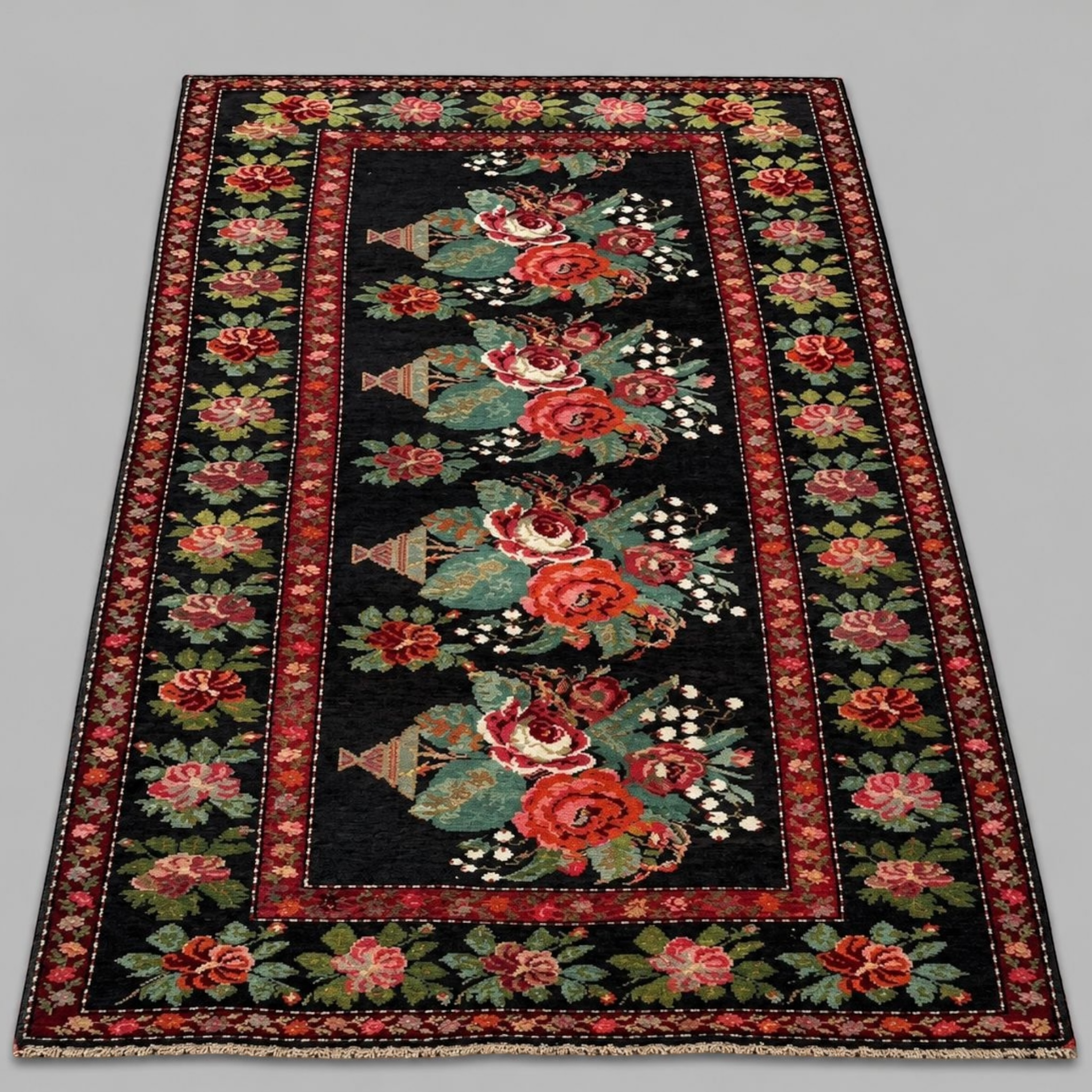 Handwoven Bessarabian Floral Wool Rug – Flower Basket Design | 289 × 153 cm