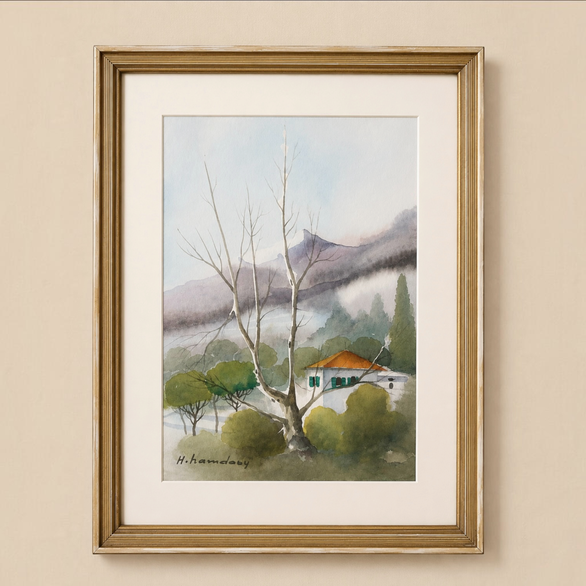 Lebanese Mountain House Watercolor by Haidar Hamaoui  -  38cm x 28cm