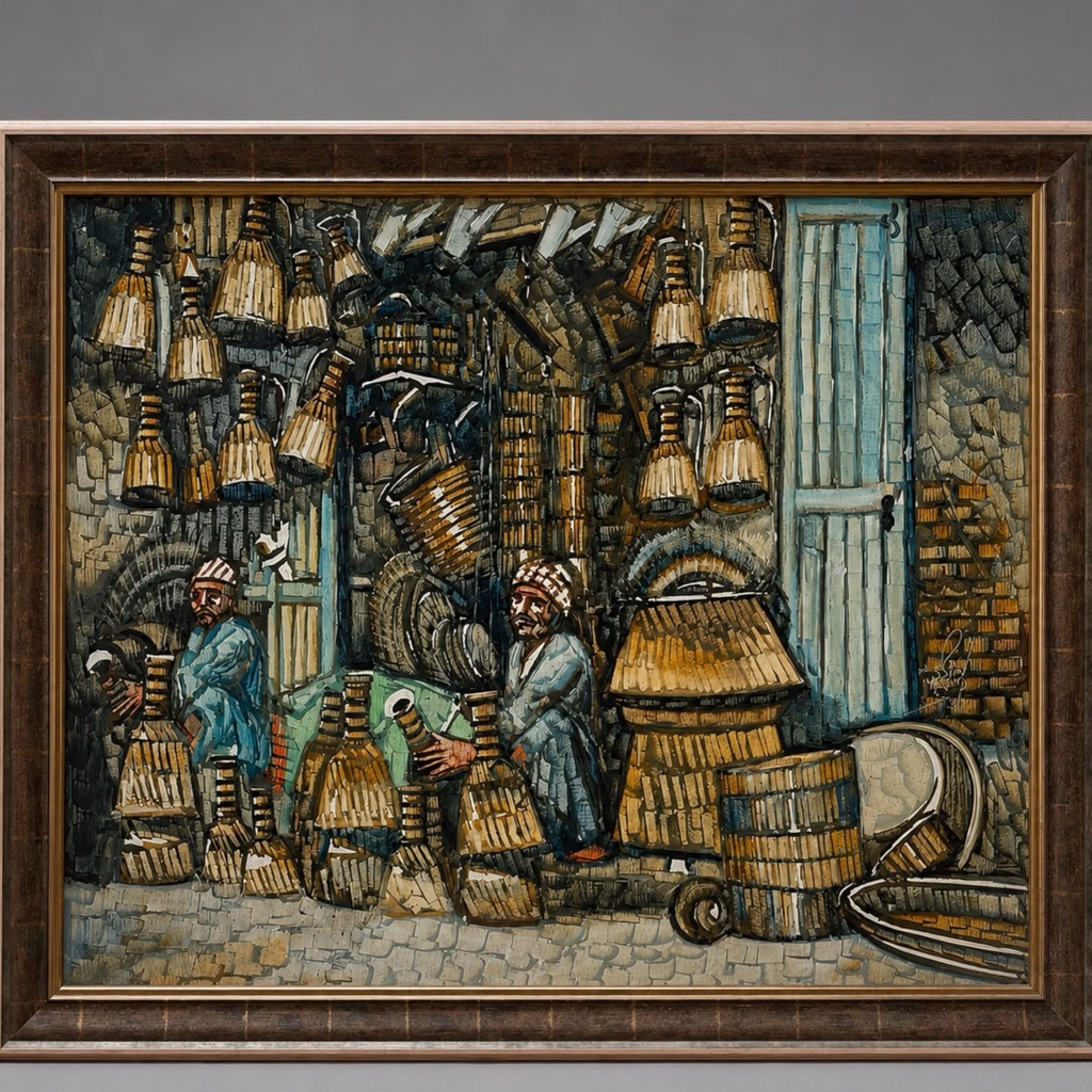 Signed Textured Middle Eastern Souk Scene Mixed Media Painting