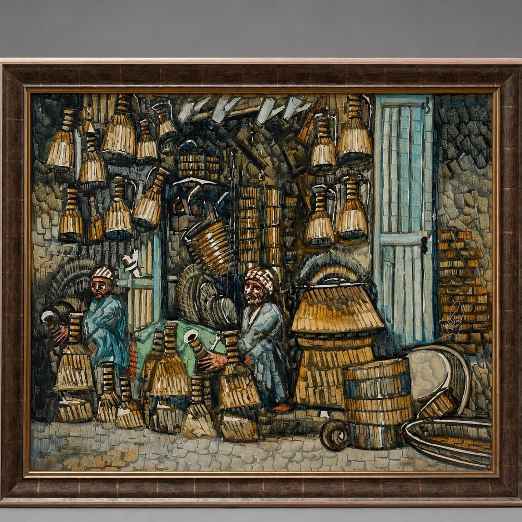 Signed Textured Middle Eastern Souk Scene Mixed Media Painting