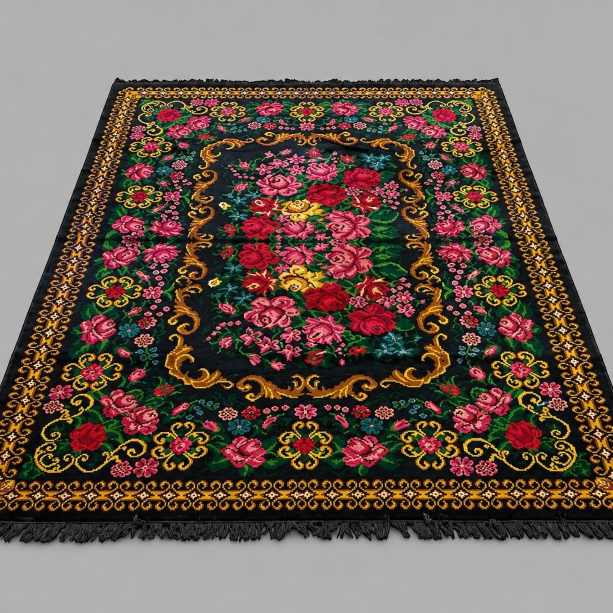 Floral Rose Rug on Black Ground | Handwoven Heritage Carpet - 344 x 328 cm