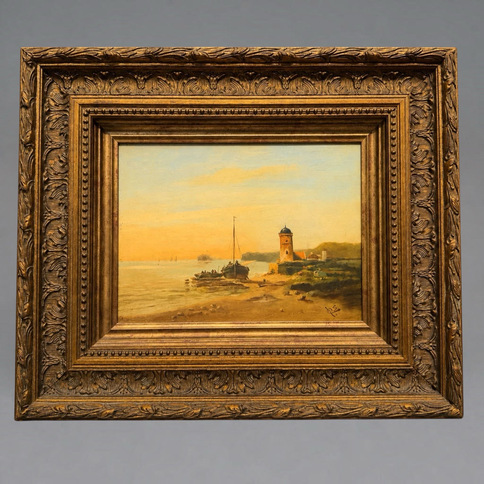 Vintage Signed Coastal Harbor Oil Painting with Ornate Frame
