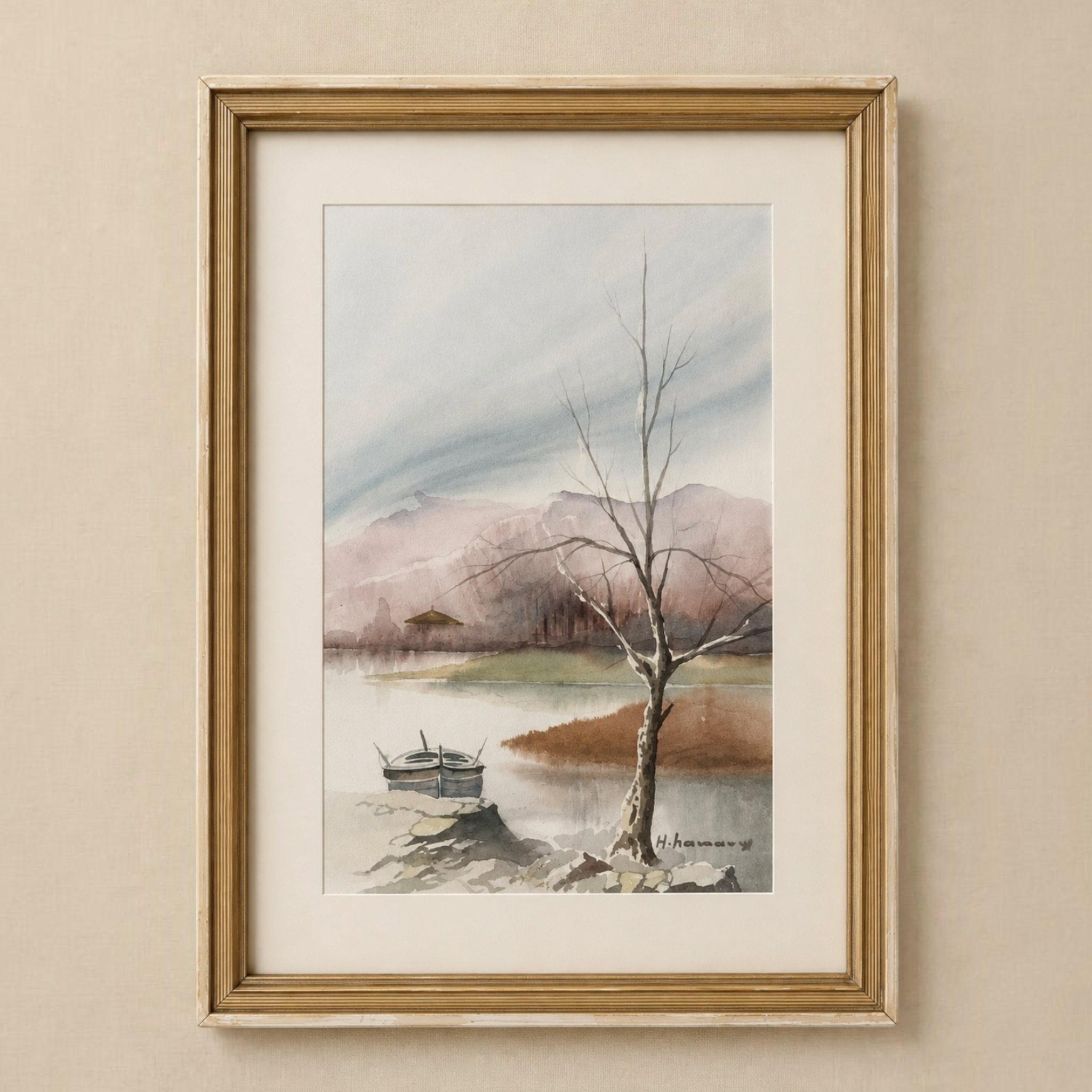Tranquil Lakeside Landscape Watercolor by Haidar Hamaoui  -  38cm x 28cm