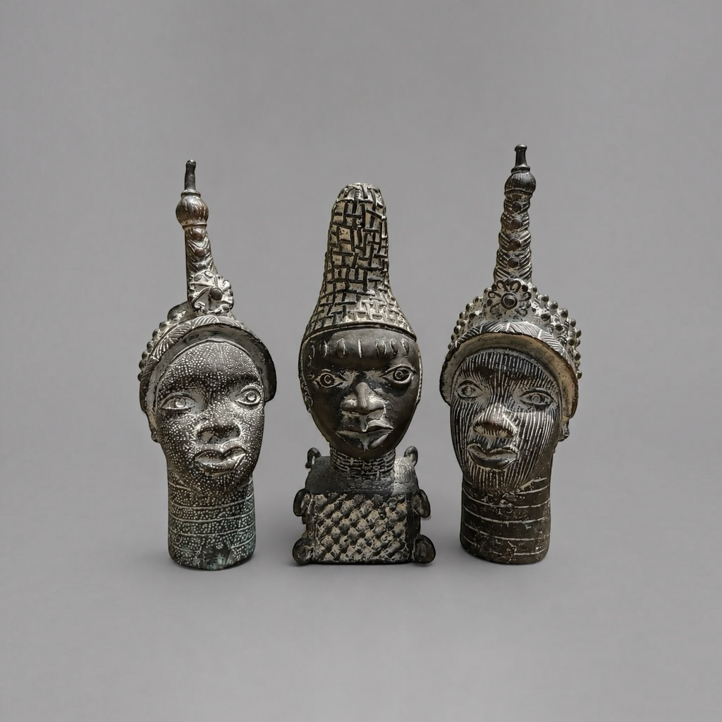 Set of 3 Vintage African Tribal Head Sculptures with White Pigment Detailing - 30cm
