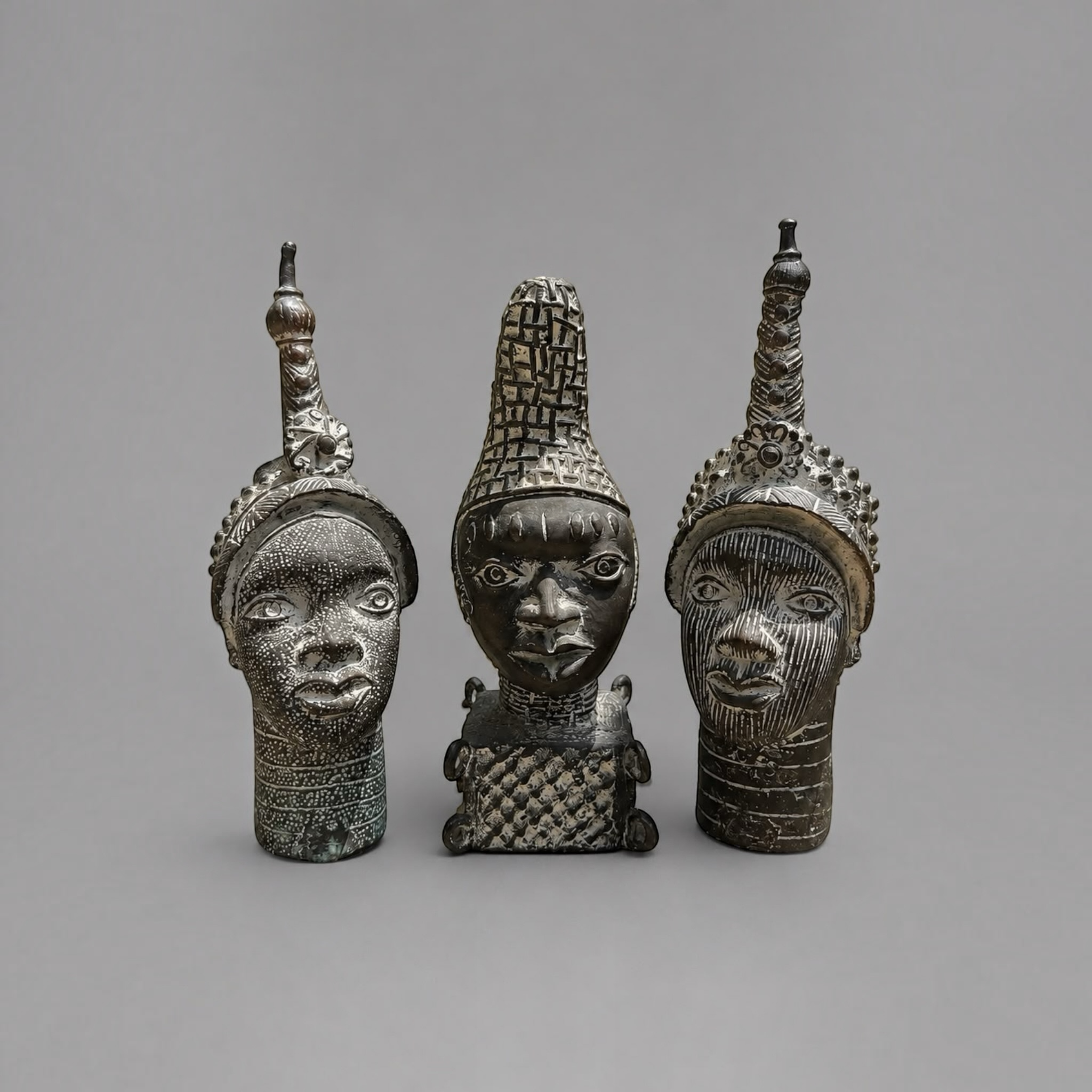Set of 3 Vintage African Tribal Head Sculptures with White Pigment Detailing - 30cm