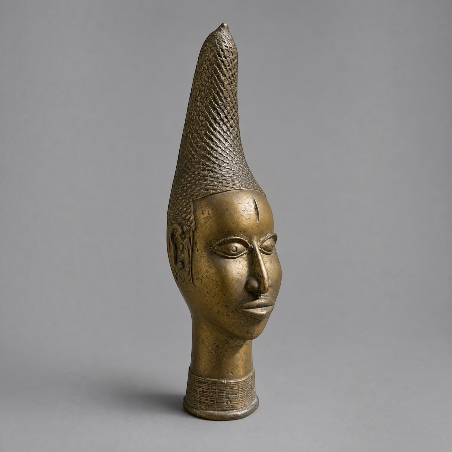 Vintage African Yoruba Style Brass Head Vessel with Braided Headdress - 37 cm
