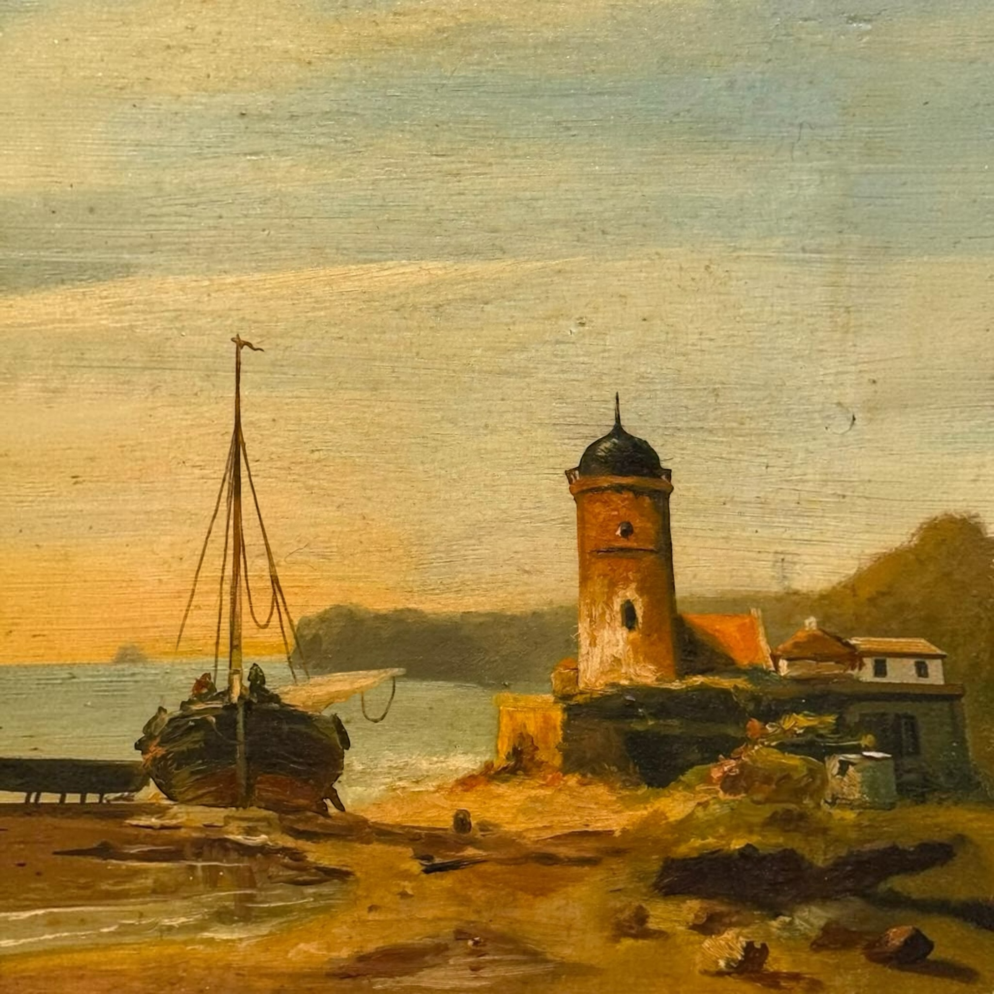 Vintage Signed Coastal Harbor Oil Painting with Ornate Frame