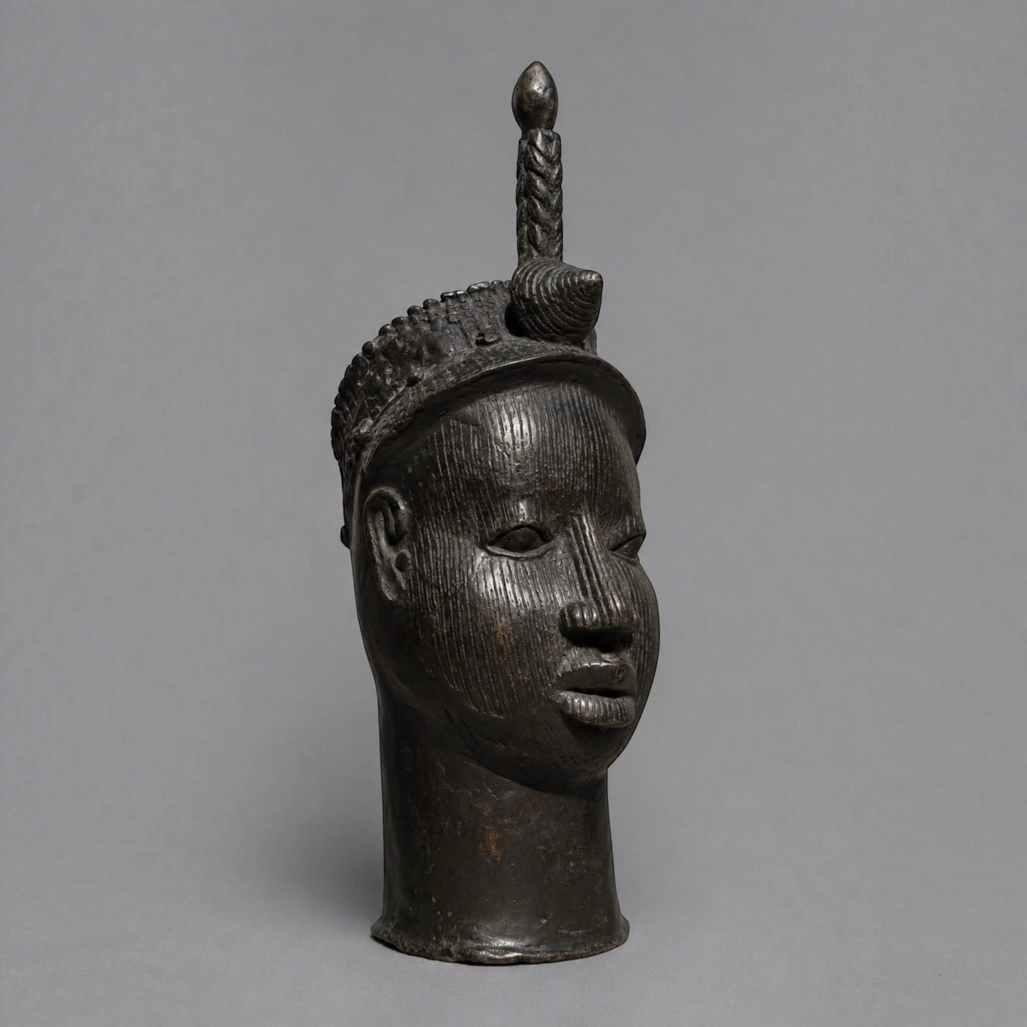 Large African Yoruba Style Bronze Head Vessel with Dark Patina - 60cm