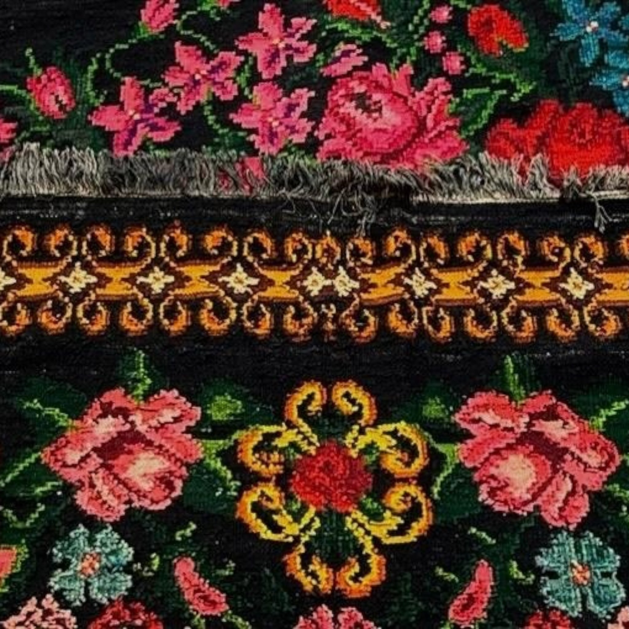 Floral Rose Rug on Black Ground | Handwoven Heritage Carpet - 344 x 328 cm