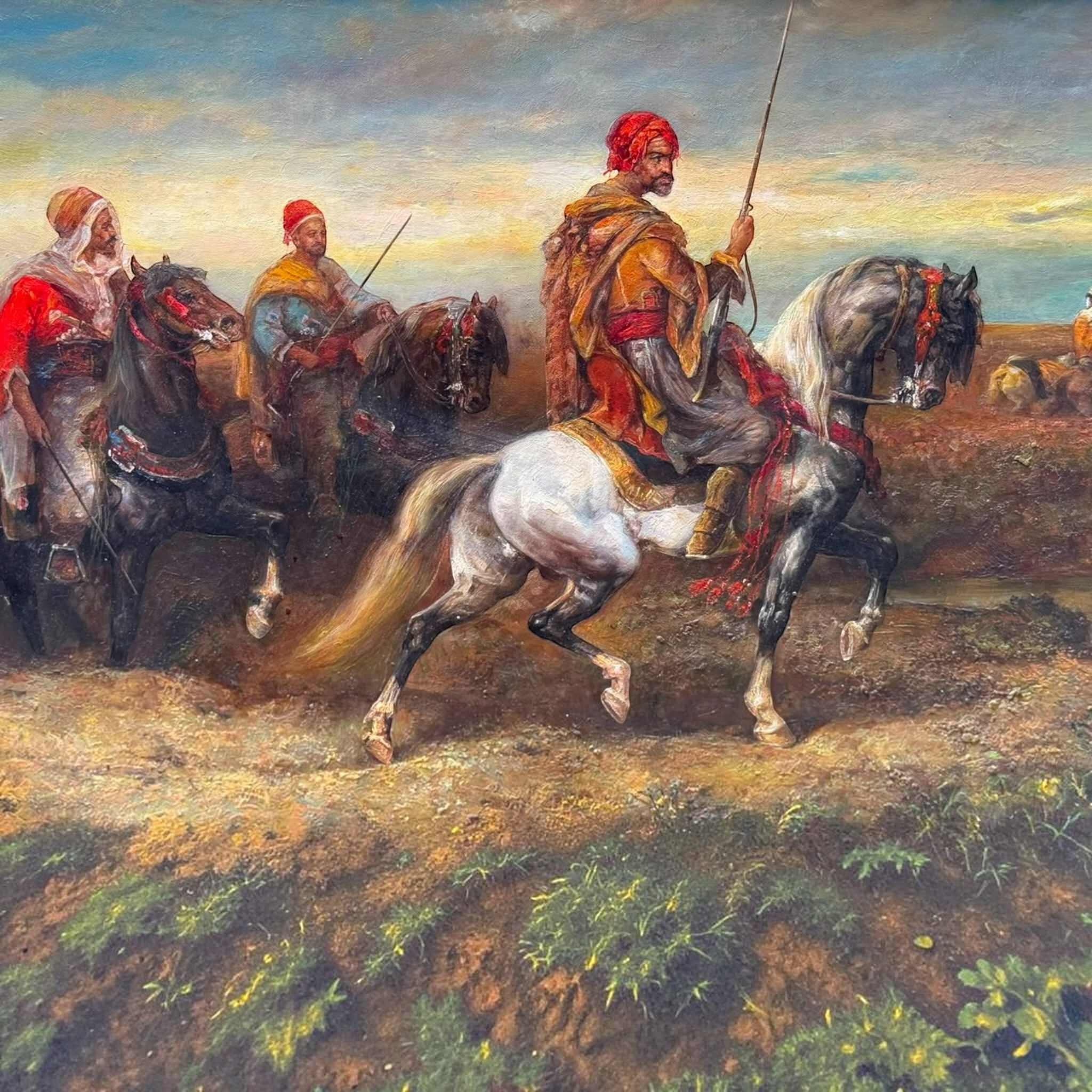 Signed Oil Painting by Ali Rahman | Oil on Canvas | Arab Horsemen Scene | Attributed to the Style of Adolf Schreyer