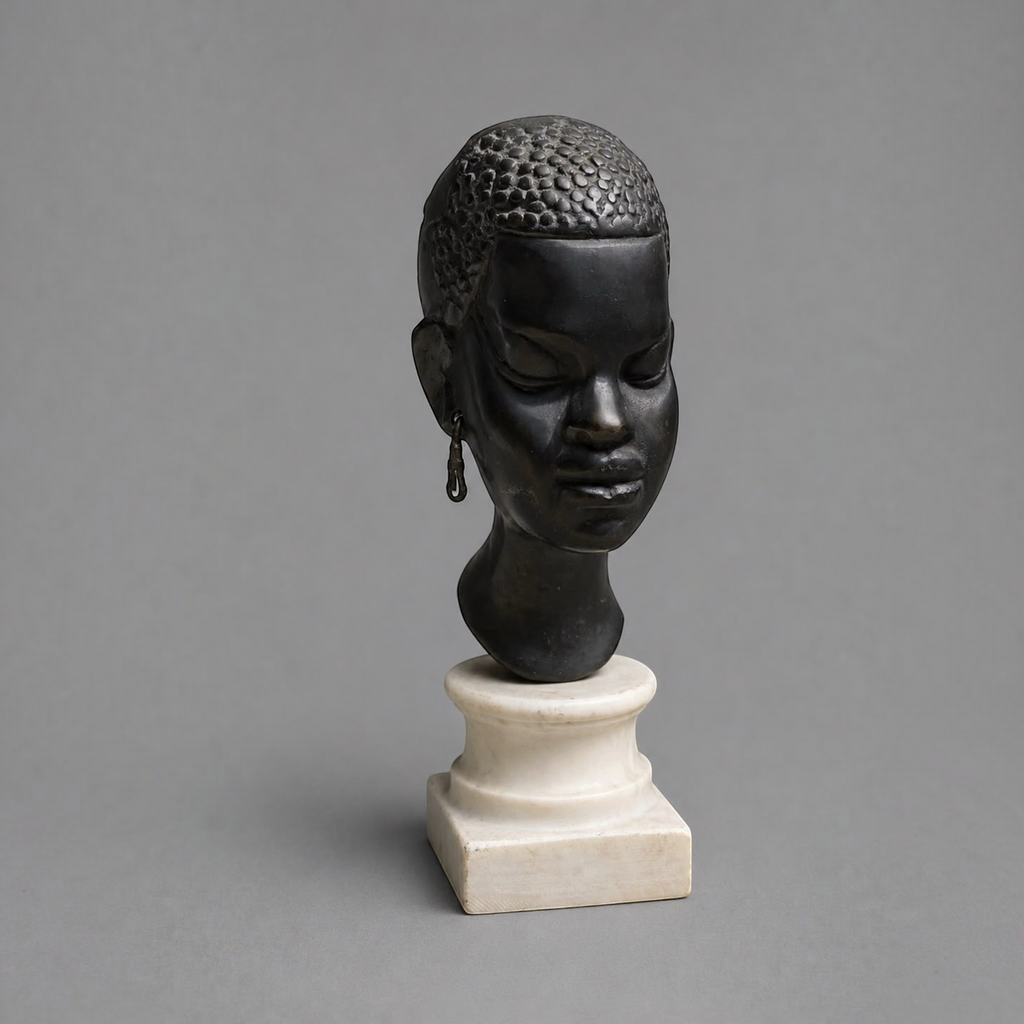 Vintage African Female Bust Sculpture in Black Stone on Marble Pedestal