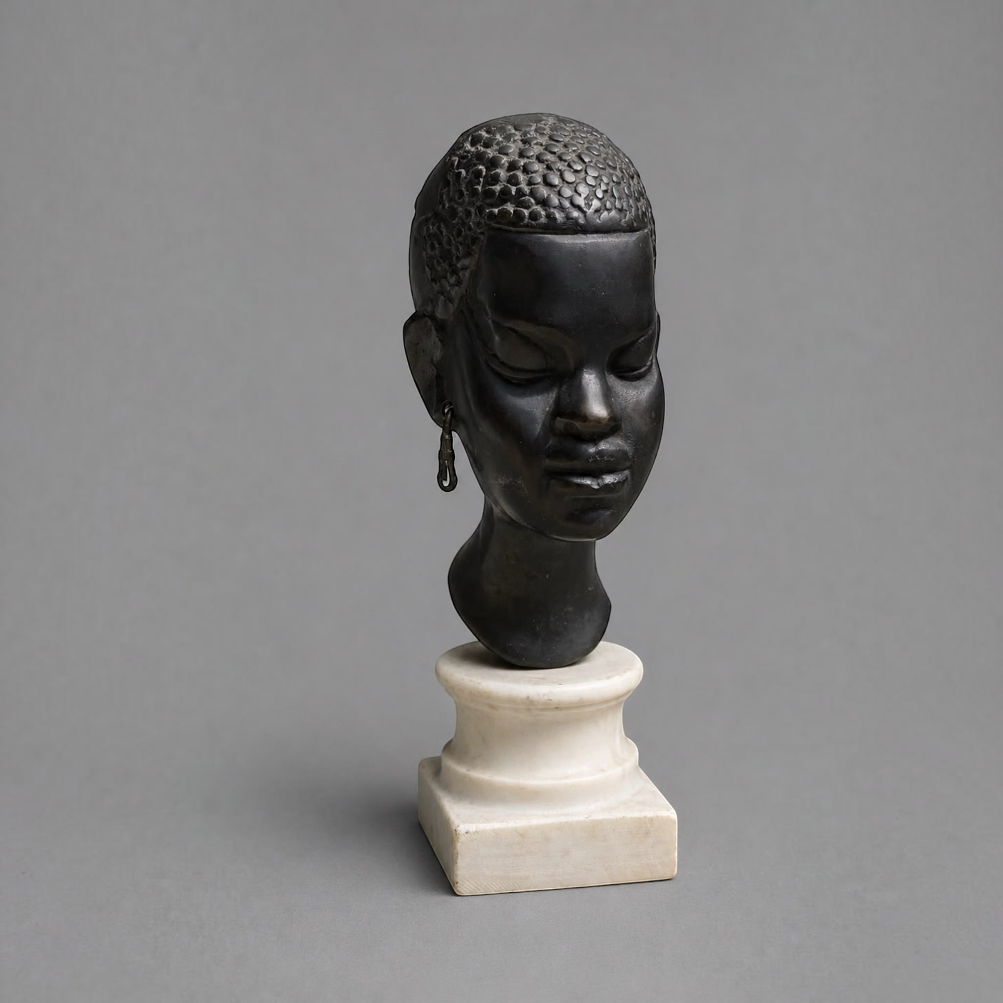 Vintage African Female Bust Sculpture in Black Stone on Marble Pedestal