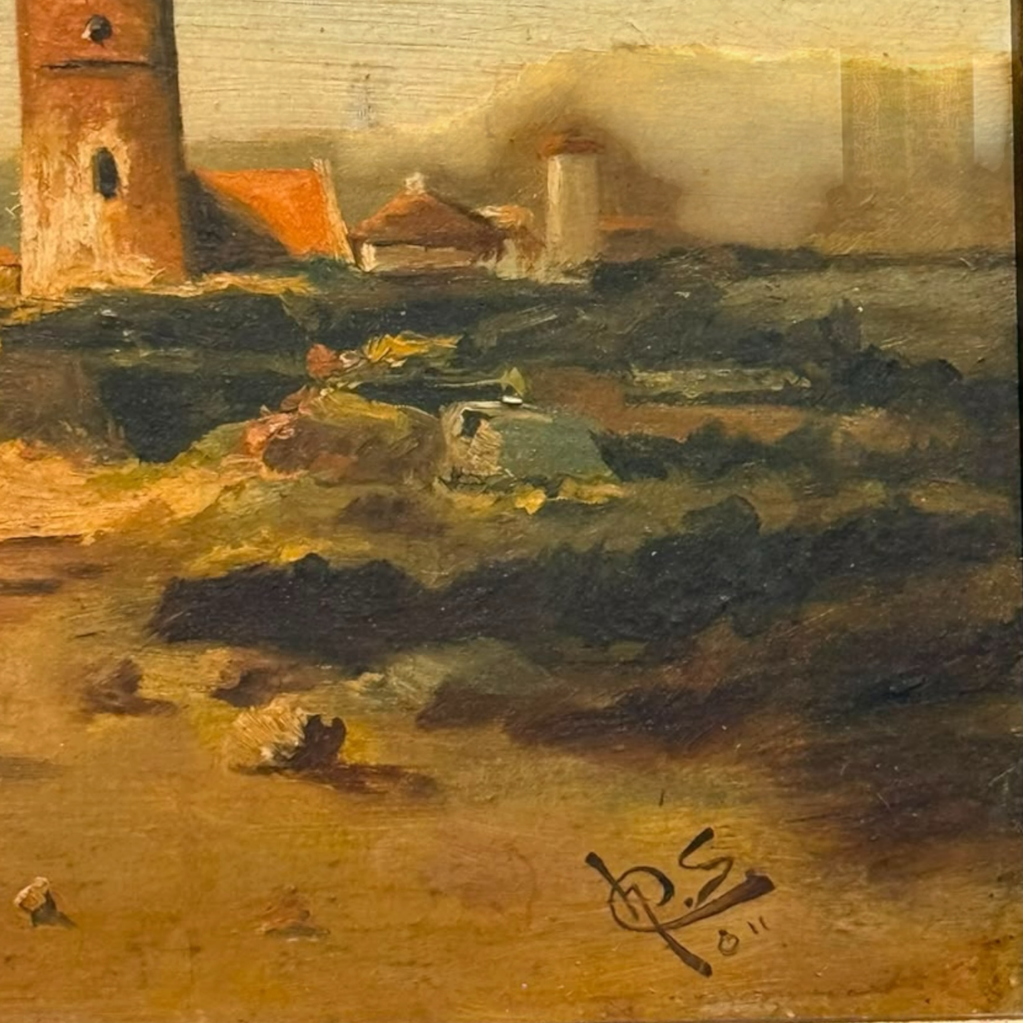 Vintage Signed Coastal Harbor Oil Painting with Ornate Frame