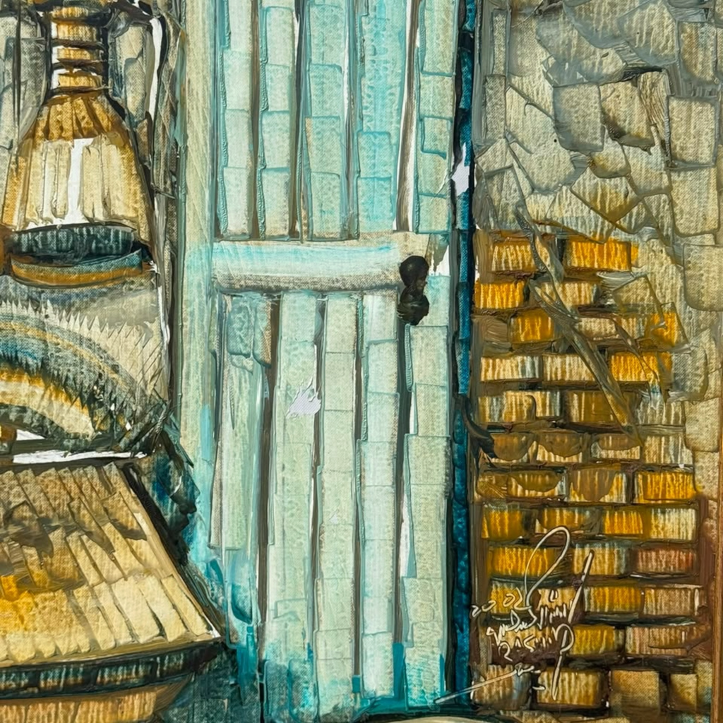 Signed Textured Middle Eastern Souk Scene Mixed Media Painting